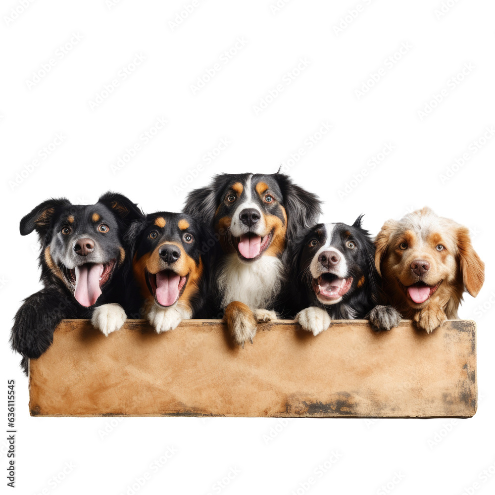 Different dogs in a row behind a blank banner on a transparent background licking hungrily