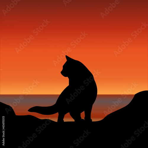 The Enchanting Sunset Silhouette of a Cat on Coastal Rocks © Qkoq