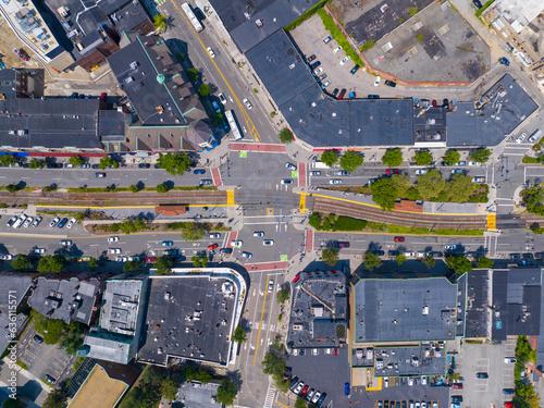 Historic commercial building aerial view including SS Pierce Building at Coolidge Corner 1366 Beacon Street at Harvard Street in city of Brookline, Massachusetts MA, USA.  photo