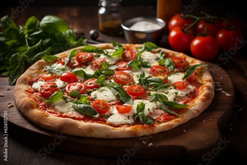 Delightful Pizza Margherita with Fresh Tomatoes, Mozzarella, and Basil Leaves, Generative AI