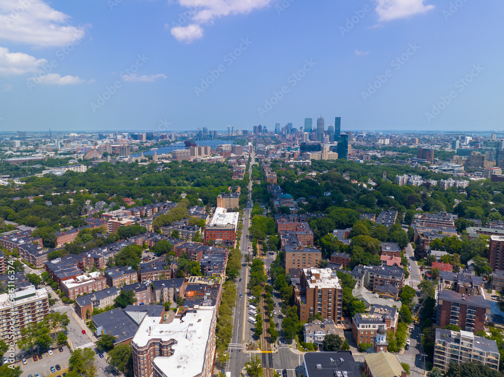 Boston Back Bay skyline aerial view including John Hancock Tower, Prudential Tower, and Four Season Hotel from Coolidge Corner on Beacon Avenue in Brookline near Boston, Massachusetts MA, USA.  