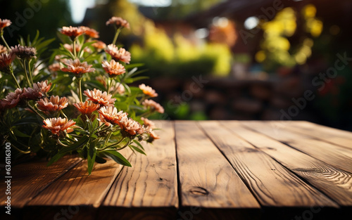 Wooden table with blurred garden background. AI Generated Images