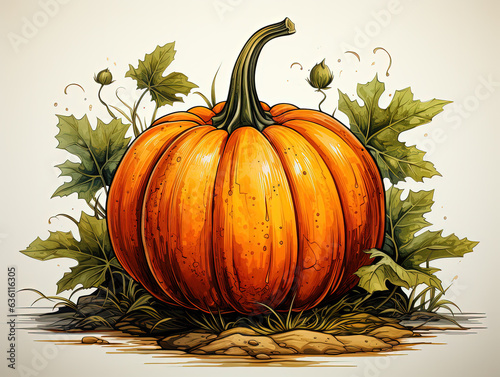 cartoon pumpkin drawing surround by leaf - colored 