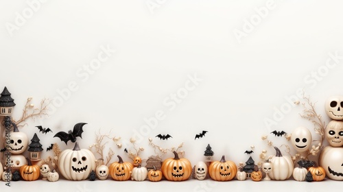 Happy halloween decoration with pumpkins, leaves and spider web on cream background. Autumn holiday concept composition and mock up . Top view with copy space