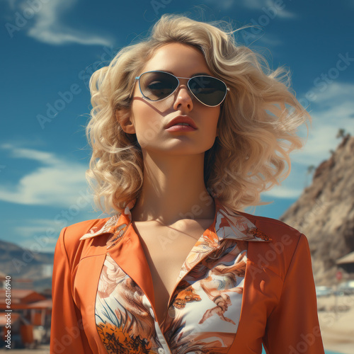 Blonde fashion model, classic beauty, sophisticated, orange shirt, travel, leisure
