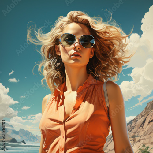 Blonde fashion model, classic beauty, sophisticated, orange shirt, travel, leisure