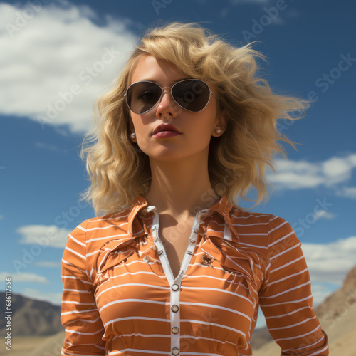 Blonde fashion model, classic beauty, sophisticated, orange shirt, travel, leisure