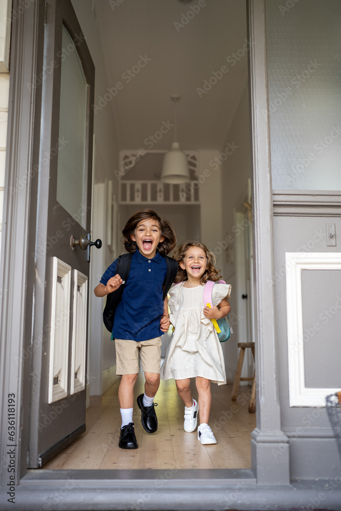 Sibling going back to their first school day. Sibling going back to their first school day.