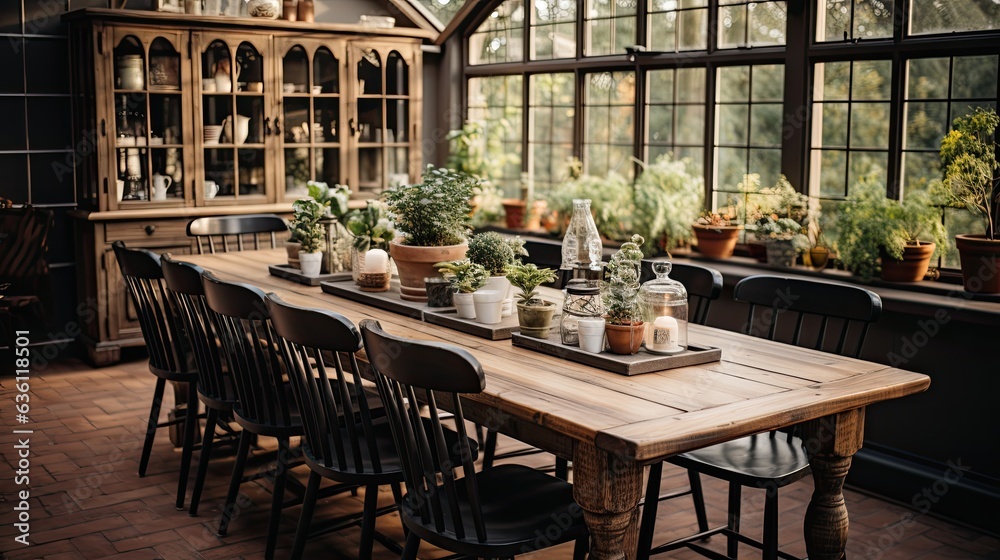 Naklejka premium Farmhouse Dining Room: Rustic Charm & Vintage Decor Generative AI