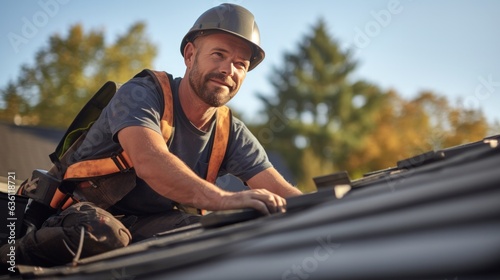 Construction worker with safety hardhat working on roof tiles installation.