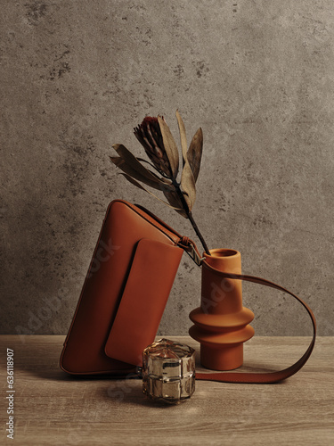 Elegant, simple fashion still life with brown handbag photo