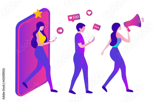 People shouting in loud speaker with social media icons. Influencer social media marketing, blogger, vlogging, social influencer and influencer marketing concept vector illustration