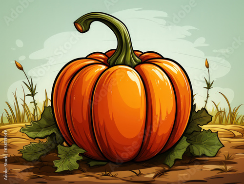 cartoon pumpkin drawing in field on leaf - colored