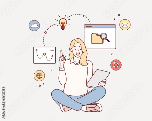 businesswoman analyzing data on his tablet pc and holding up her index finger. Hand drawn style vector design illustrations.
