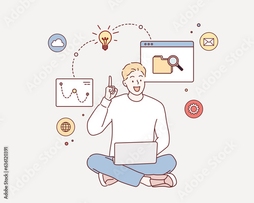 businessman analyzing data on his laptop and holding up him index finger. Hand drawn style vector design illustrations.