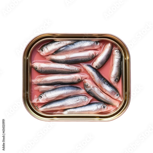 Top down perspective of tin holding preserved sardines on dark dish