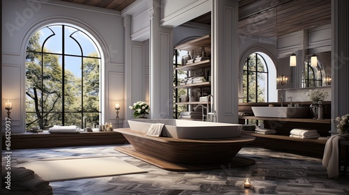 Modern Luxury Bathroom: Marble Accents & Soaking Tub Generative AI
