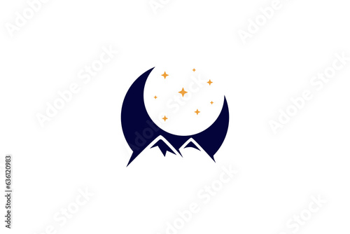 Crescent moon logo with mountain and stars combination