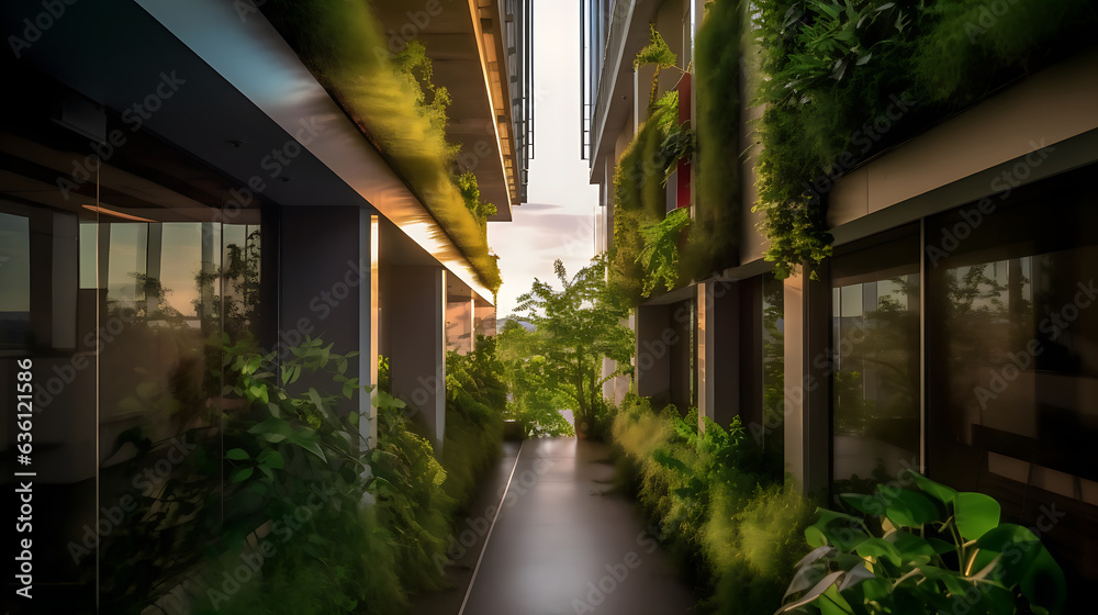 Immeuble dans un univers de verdure au couché du soleil Immeuble dans un univers de verdure au couché du soleil