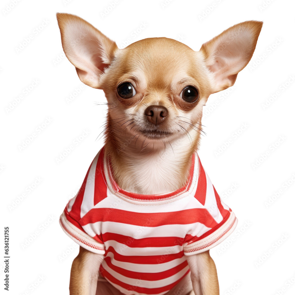 10 month old Chihuahua in a red and white striped shirt posing against a transparent background