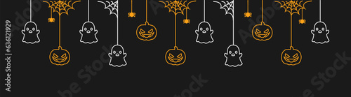 Happy Halloween banner or border with glowing ghosts and jack o lantern pumpkins. Hanging Spooky Ornaments Decoration Vector illustration, trick or treat party invitation