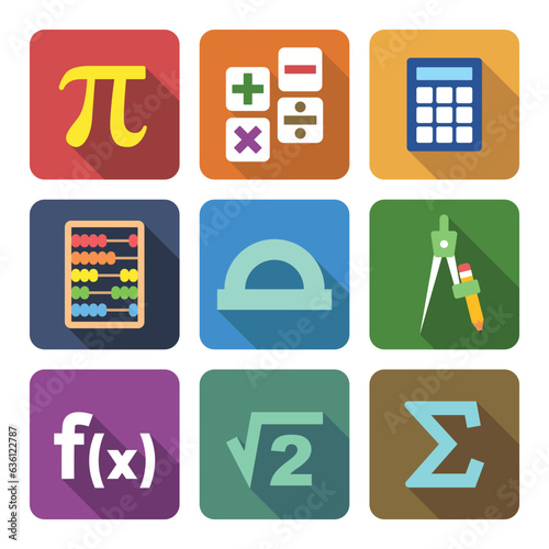 Vector set of Math icons flat style with long shadow. Pi number, operations, calculator, abacus, protractor, compass, function, square root, summation glyph, math symbols concept vector illustration