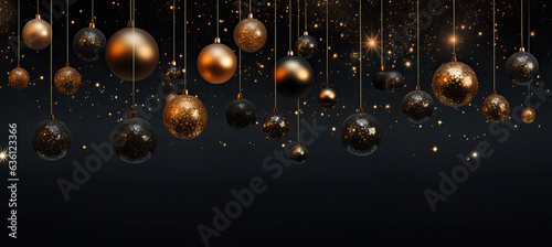 A Christmas balls in varying shades of gold and black, suspended against a dark backdrop. The balls are embellished with sparkling details of golden glitter, creating an opulent and festive ambiance