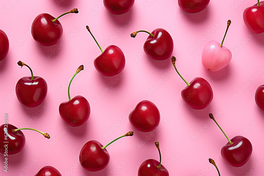 red cherries on a pink background red cherries on a pink background