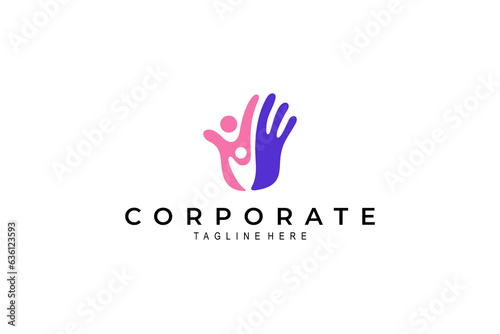 Vector image of a hand logo with a happy family inside