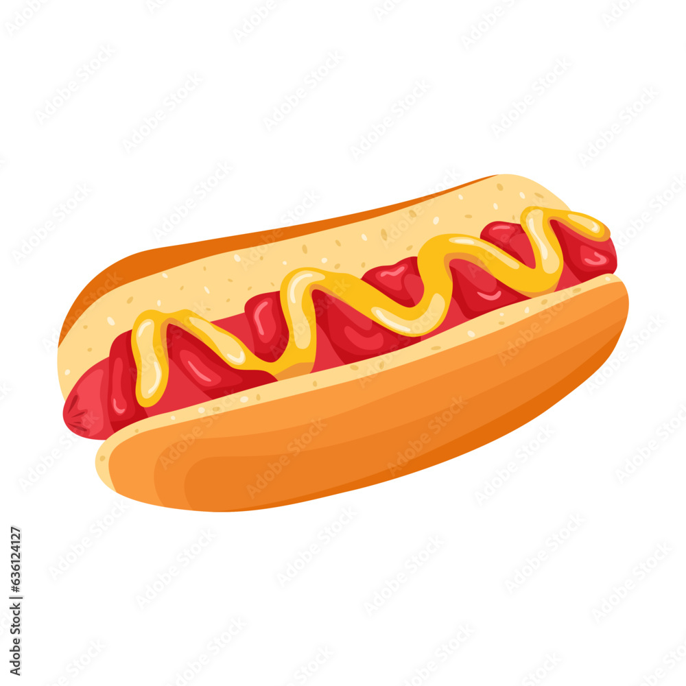 Hot dog with sausage, mustard, ketchup sauce vector illustration. Cartoon drawing of fast food. Junk food concept Hot dog with sausage, mustard, ketchup sauce vector illustration. Cartoon drawing of fast food. Junk food concept