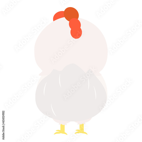 Cute little white chicken, full body, standing, back view. Isolated on white background, EPS10 vector