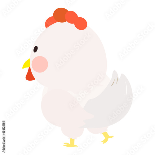 Cute little white chicken, full body, standing, back view. Isolated on white background, EPS10 vector
