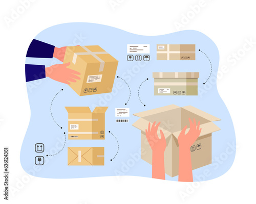 Hands packaging parcel in box vector illustration. Symbols and labels on different sides of cardboard boxes for fast delivery and content safety. Packaging design, parcel shipping concept