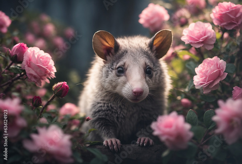 cute opossum in the flower garden photo