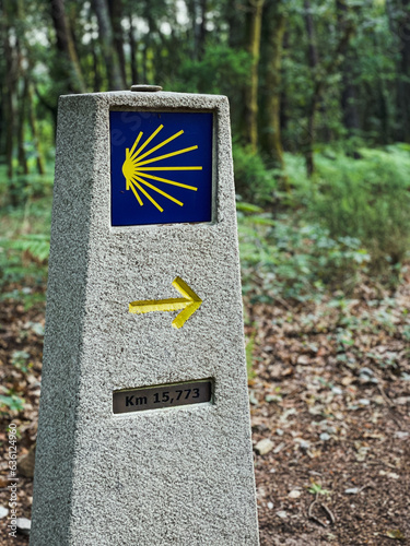 Camino de Santiago stone pointer with yellow arrow photo