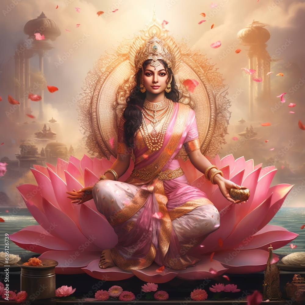 The divine Hindu goddess Lakshmi bringing wealth in the festival of Diwali. Generative Ai. - obrazy, fototapety, plakaty 