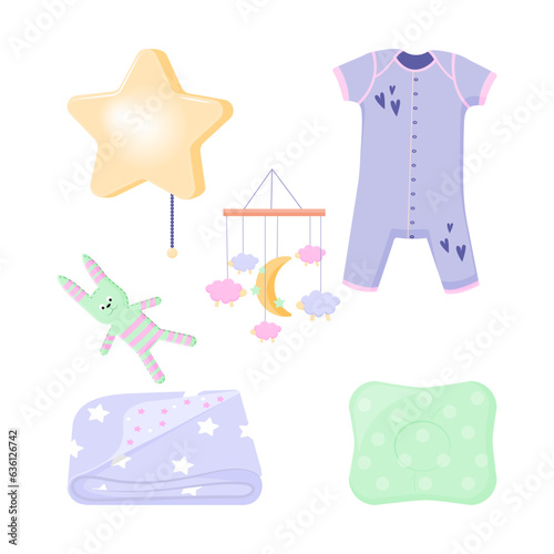 Baby clothes, blanket and toys vector illustrations set. Collection of cartoon drawings of bedtime routine elements, pajama, blanket, nightlights. Childhood, childcare, bedtime concept