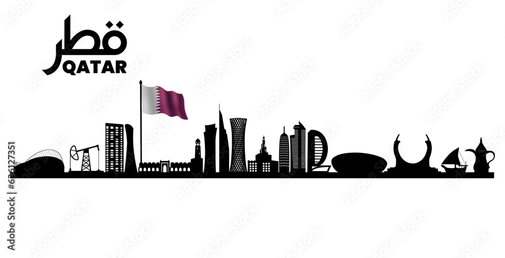 Qatar skyline horizontal banner. Black and white silhouette of Qatar WITH FLAG. Vector template for your design