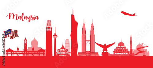 Vector red design Ilustration of city of Kuala Lumpur and Malaysia flag. Malaysia Travel concept.
