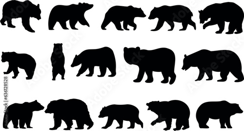 Captivating vector illustration of Bear or Ursus americanus silhouettes in various poses  perfect for wildlife enthusiasts and nature-themed projects. The monochrome design adds a modern touch