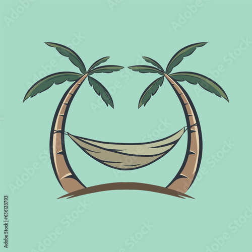 Vector illustration of a hammock tied to two coconut trees in the beach area