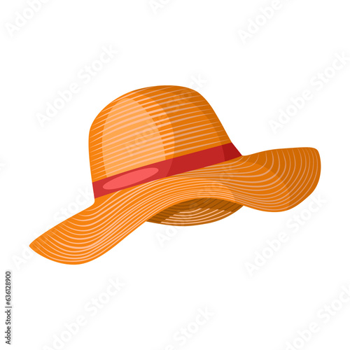 Cartoon drawing of vintage straw hat for women on white background. Summer time or beach element vector illustration. Summer, trip concept