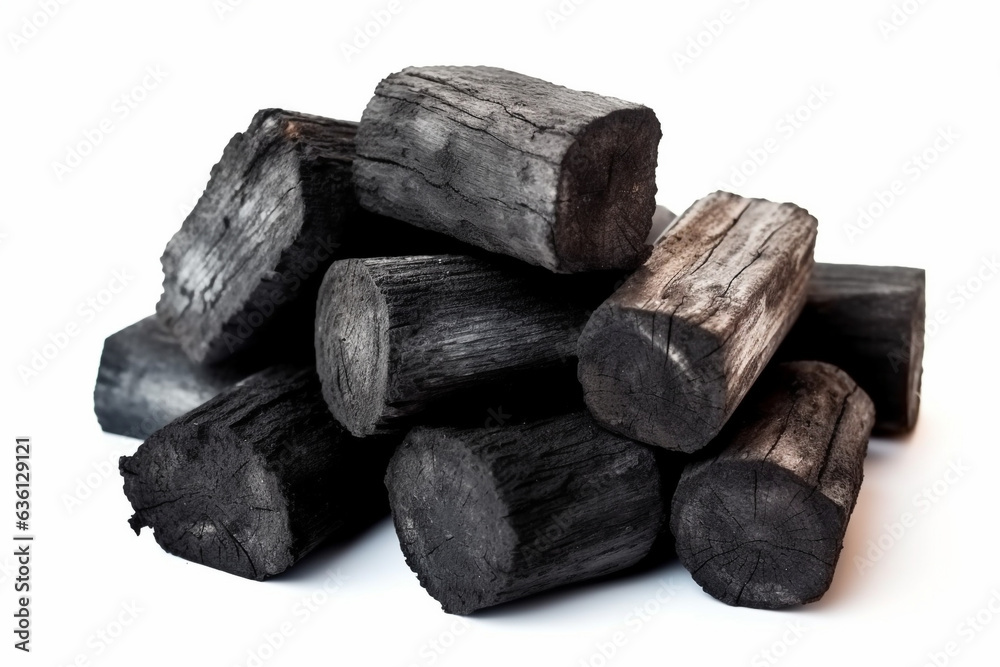 Natural wood charcoal Isolated on white background, traditional charcoal or hard wood charcoal Natural wood charcoal Isolated on white background, traditional charcoal or hard wood charcoal