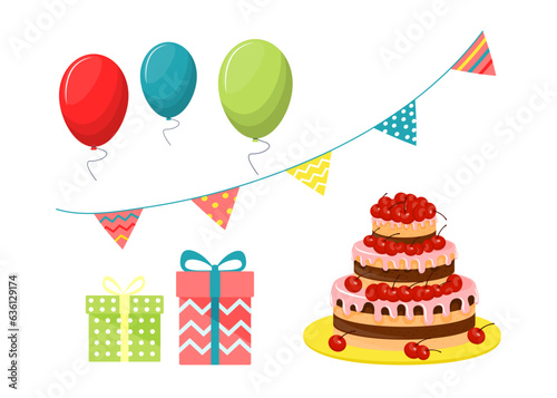 Birthday cake and decorations vector illustrations set. Collection of cartoon drawings of tasty cake  gift boxes  colorful balloons  party flags for birthday card. Birthday  celebration concept