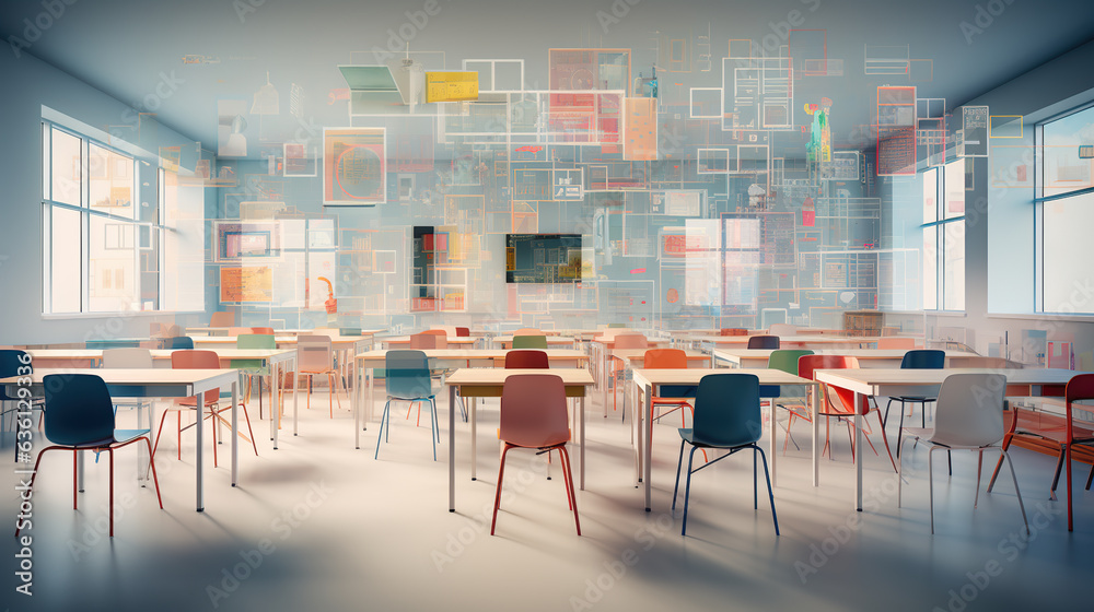 Generative ai picture collage of classroom interior with school desks chair for teaching learning students - obrazy, fototapety, plakaty 
