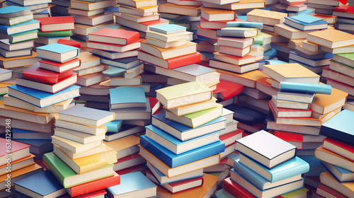 Top view on colorful stacked books. Education and learning concept background 3D Rendering