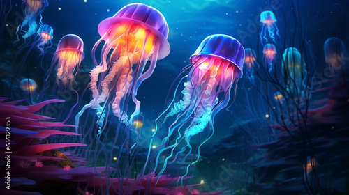 Illustration of jellyfishes in the deep forest at night.