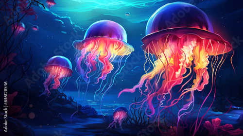 Jellyfish swimming in the sea. Underwater world ai generated © Jharna