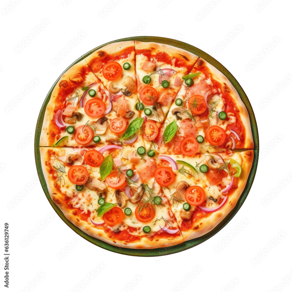 Italian pizza with salmon vegetables on a transparent background Italian pizza with salmon vegetables on a transparent background