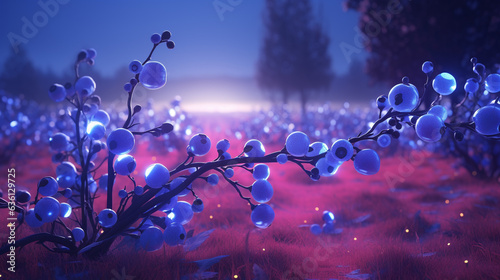 Fantasy winter landscape with snow covered trees and blueberries